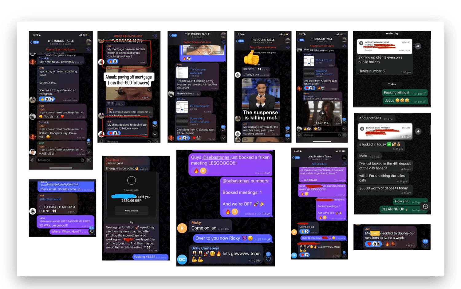 a wall of client win screenshots