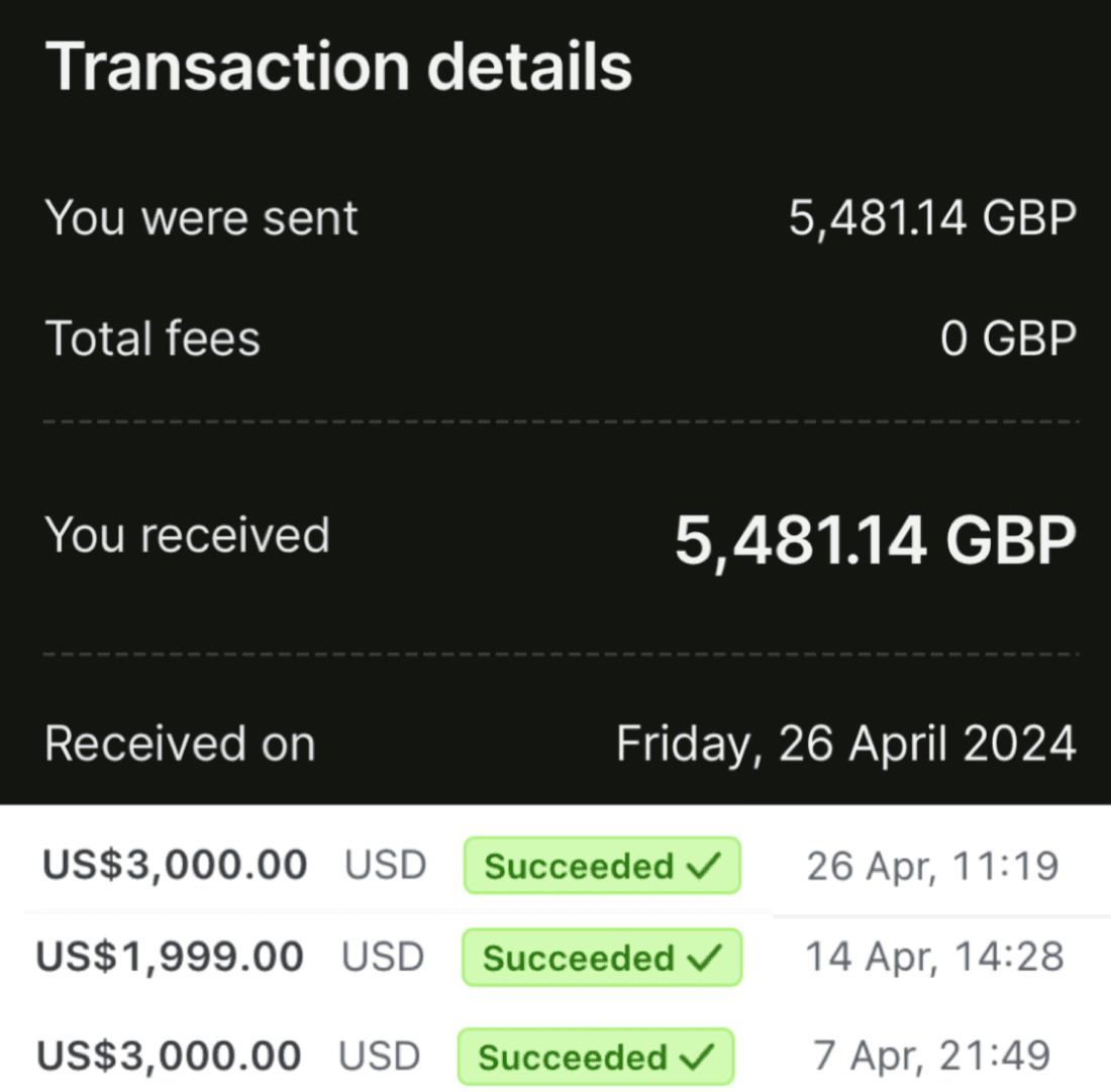 a £5,481 payment received plus stripe deals